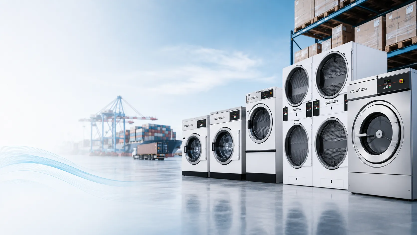 Speed Queen commercial laundry equipment ready for export to Caribbean and Latin America